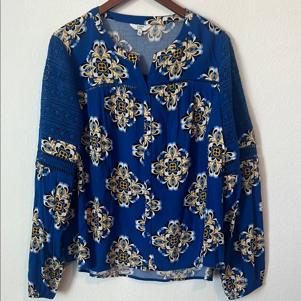 Crown & Ivy Royal Blue Floral Lace Blouse